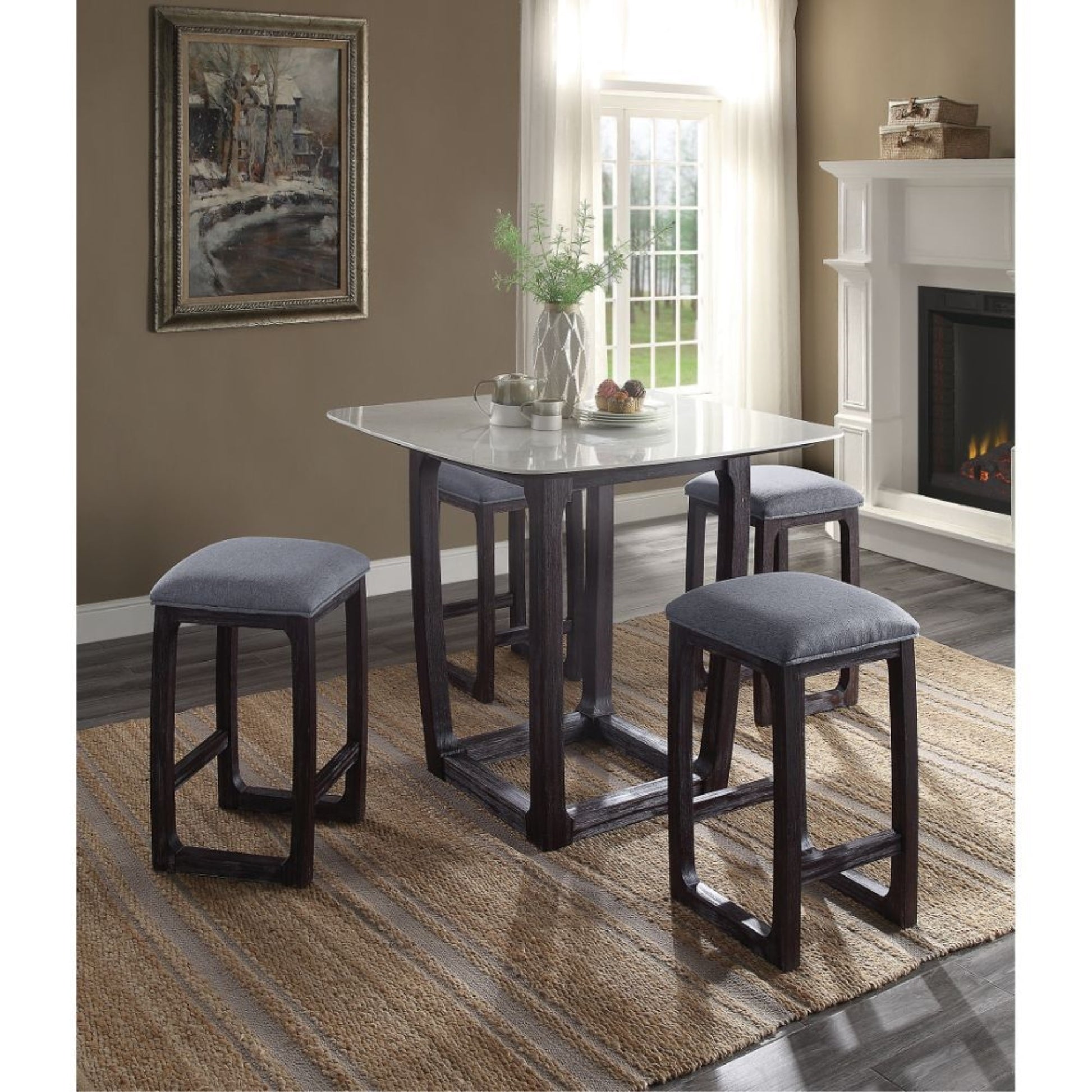 CasaFoyer Razo Counter Height Set - Compact Square Table with Marble Top & Wooden Sled Base, 3 Stools with Padded Seats - Perfect for Small Spaces