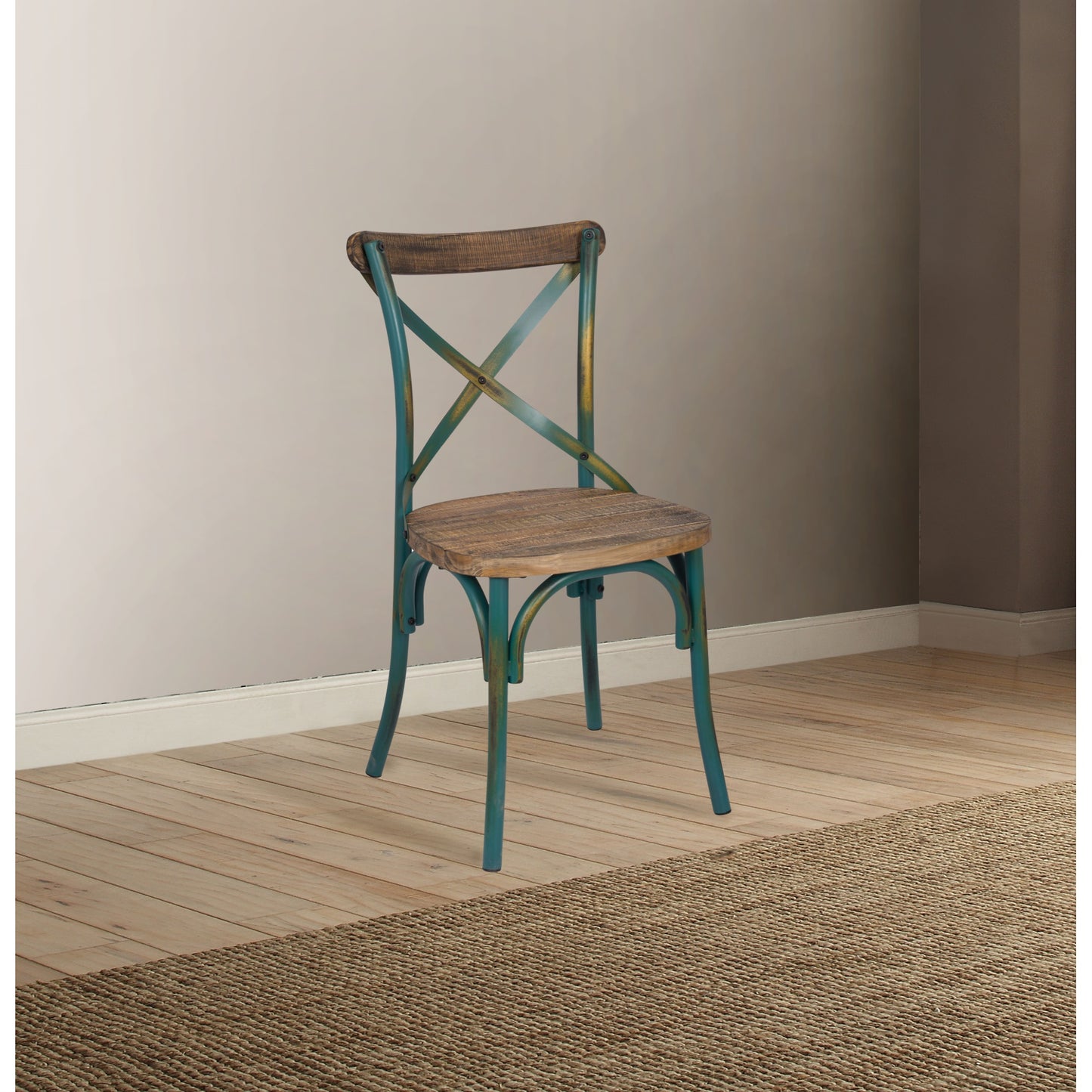 CasaFoyer Zaire Antique Turquoise & Oak Side Chair - Vintage/Industrial Style, High Backrest, Metal & Wood Construction, Splayed Legs, Perfect for Any Space - Acme Furniture