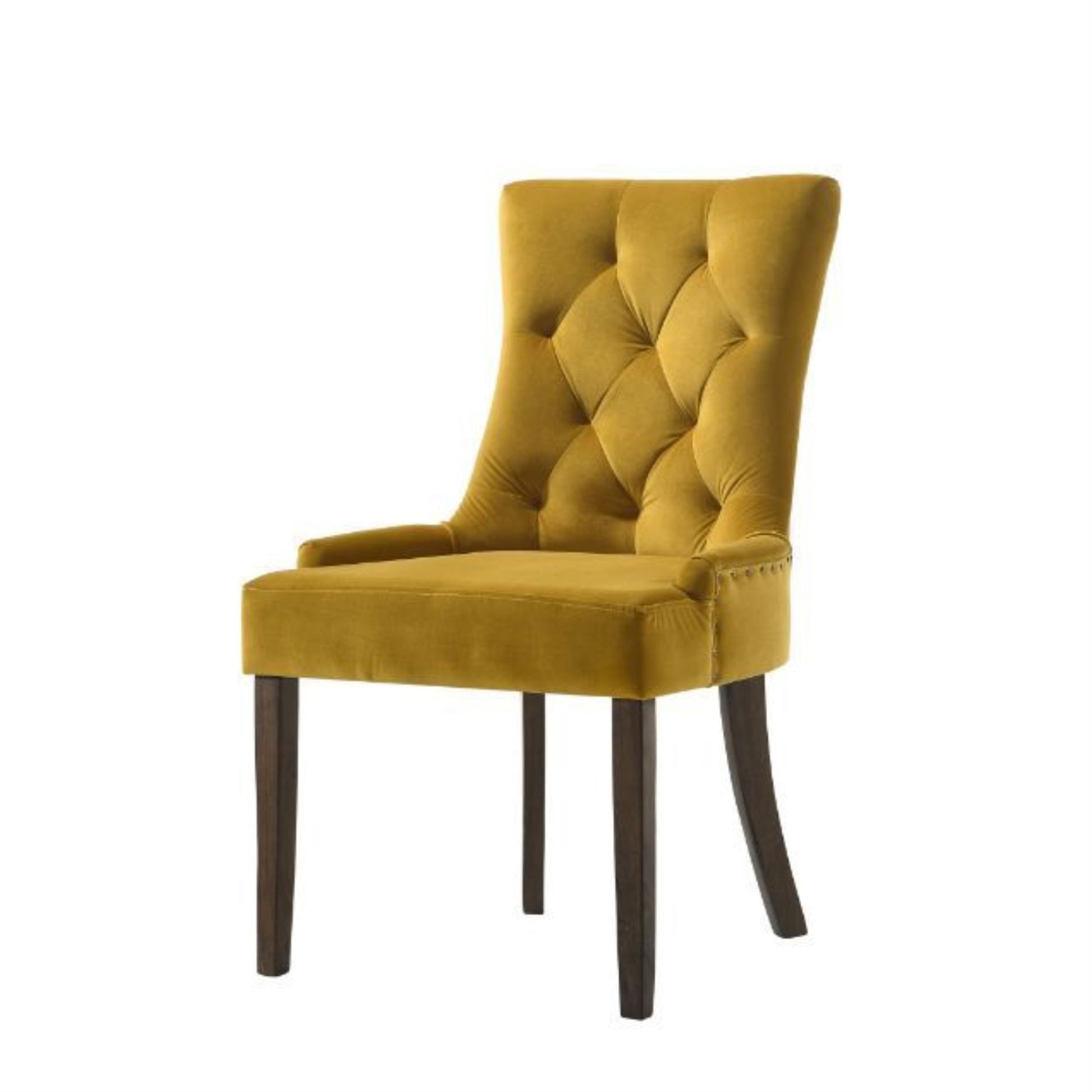 CasaFoyer Farren Dining Group: Elegant Trestle Base Table with Espresso Finish. Personalize Your Style with Vibrant Dining Chairs in Yellow, Orange, Blue, and Green. Optimal Comfort with Tufted Backrests and Nail-Head Trim.