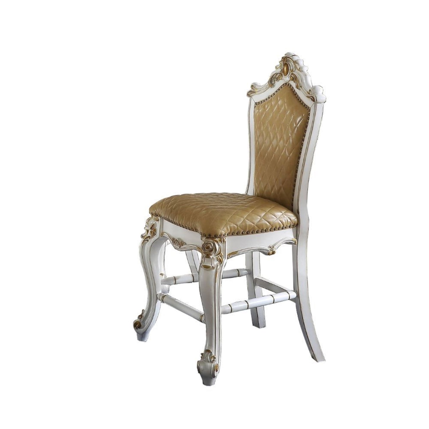 CasaFoyer Acme Picardy Counter Height Dining Set - Antique Pearl Finish, Round Pedestal Table, Butterscotch PU Upholstered Chairs, Nailhead Trim, Crown Motifs. Chairs sold separately.