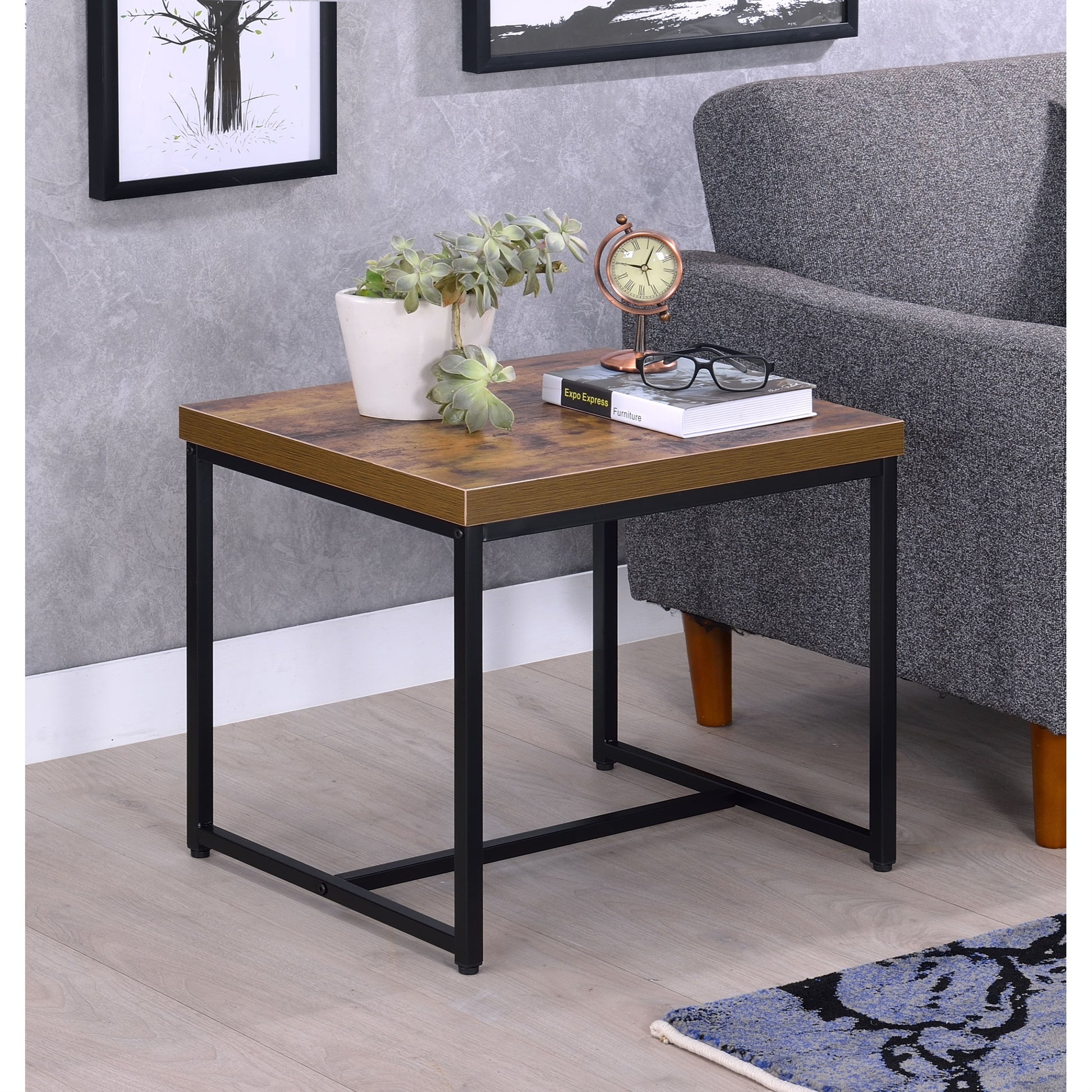 CasaFoyer Bob End Table - Weathered Oak & Black | Sturdy Construction | Rectangular Wooden Top | Metal Sled Base | 22" x 19" x 36mm Thick | Acme Furniture