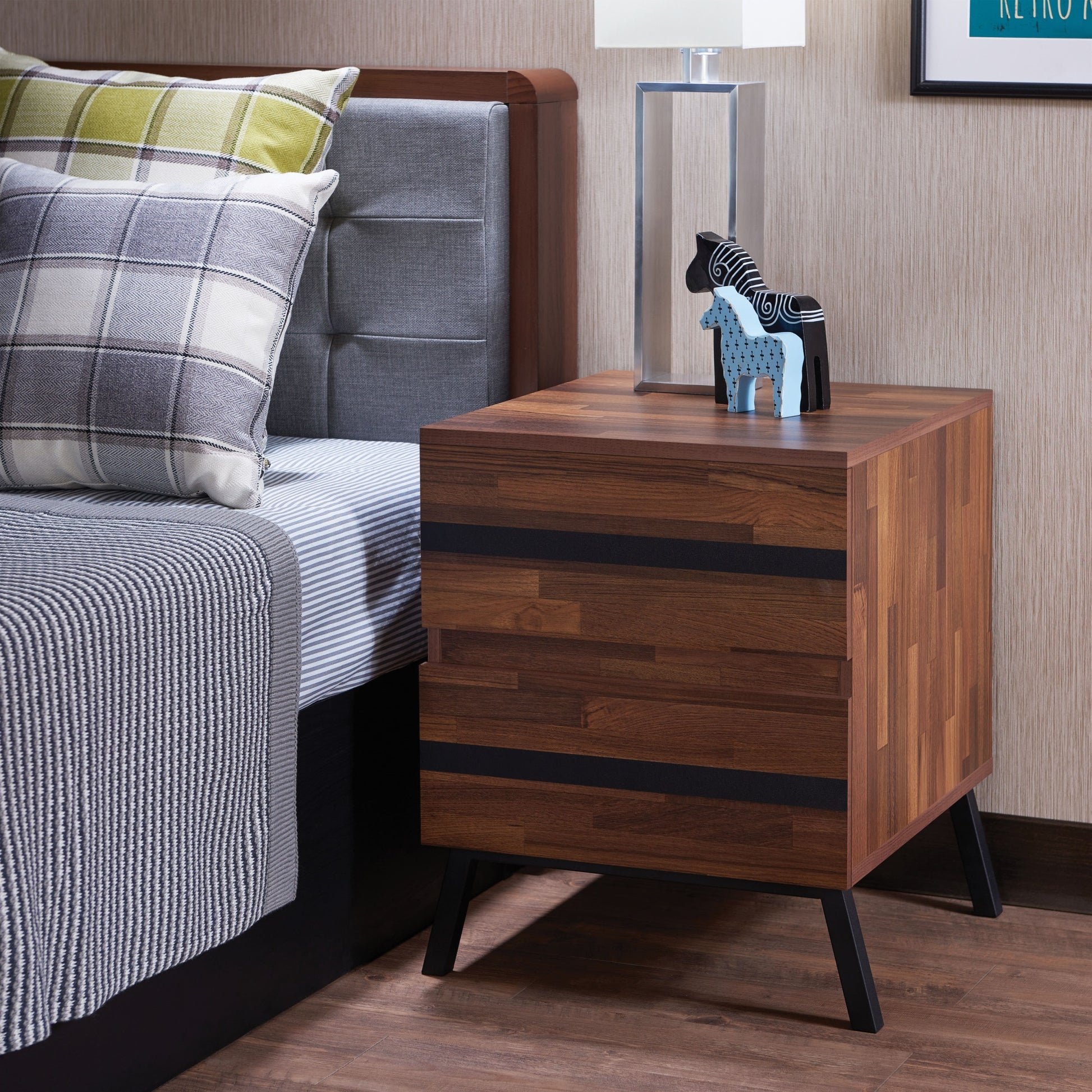 CasaFoyer Acme Furniture Karine End Table in Walnut & Black - Stylish 2 Drawer Occasional Table with Metal Legs - 18" x 20" x 23"