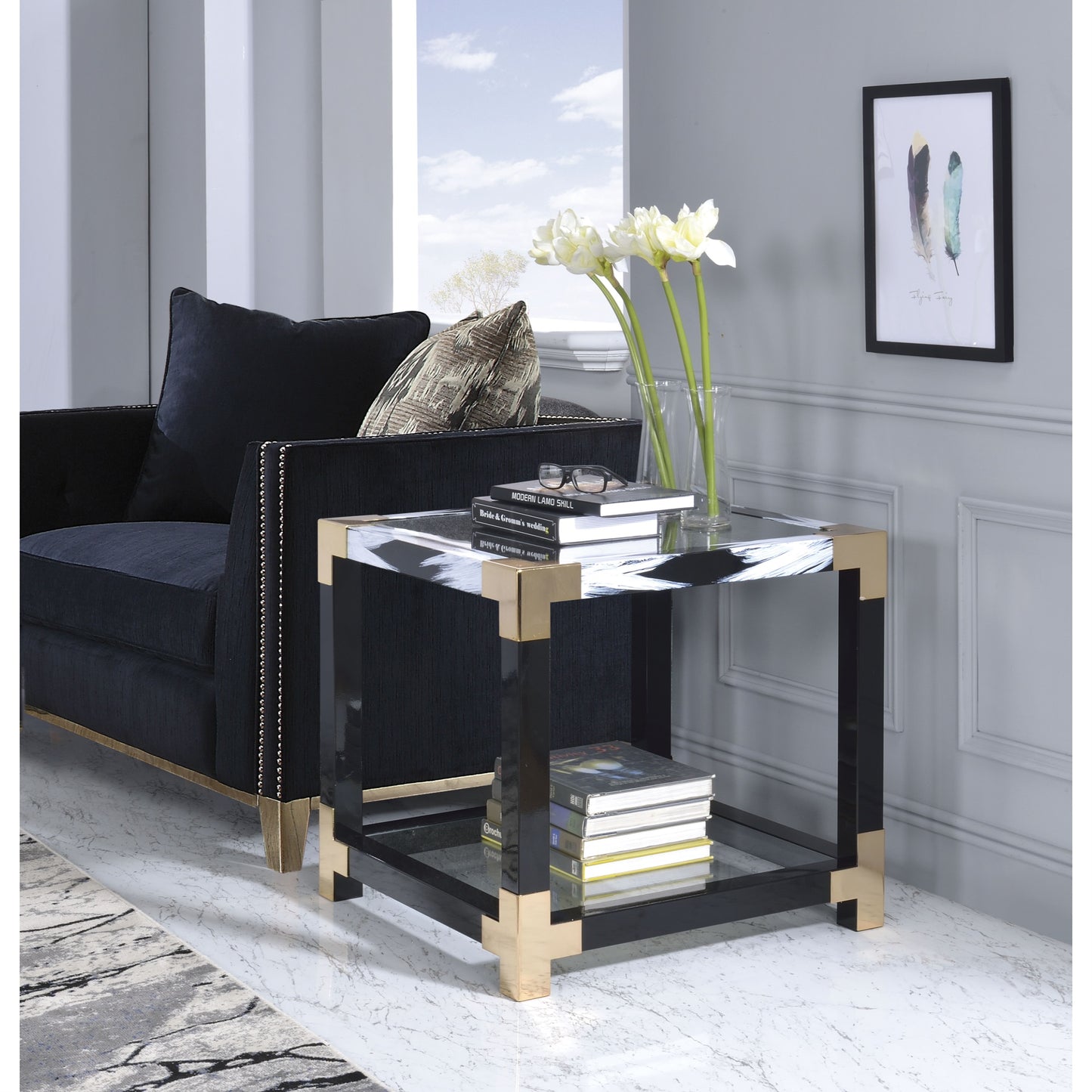 CasaFoyer Lafty - Stylish White Brushed & Clear Glass End Table with Storage Compartment | 25" x 24" x 25" | Lafty Collection | Metal & Glass | Acme Furniture