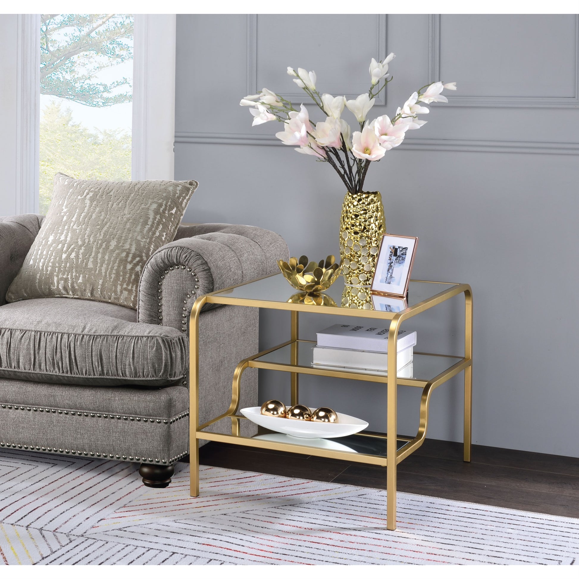 CasaFoyer Acme Furniture Astrid End Table - Gold & Mirror, 28" Length, 24" Width, 23.25" Height, Metal Frame, 2 Open Compartments, Mirrored Shelves