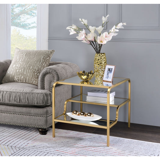 CasaFoyer Acme Furniture Astrid End Table - Gold & Mirror, 28" Length, 24" Width, 23.25" Height, Metal Frame, 2 Open Compartments, Mirrored Shelves