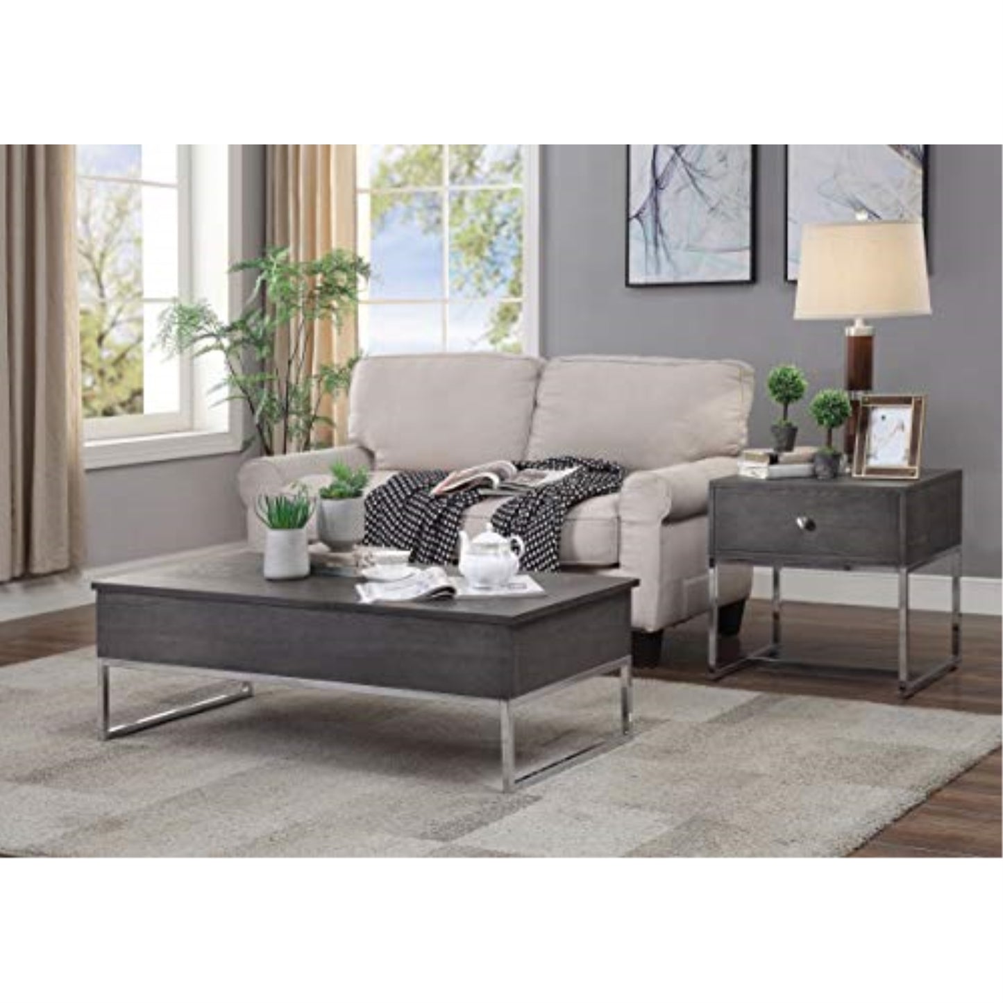 CasaFoyer Iban Coffee Table - Industrial Transitional Style, Metal Sled Base, Lift Top, End Table with Drawer, Fully Extendable Metal Glide, Felt-Lined, Minimalist Design, Neutral Color Scheme, Hidden Storage, 47" W x 24" D x 16" H, 90 lbs.