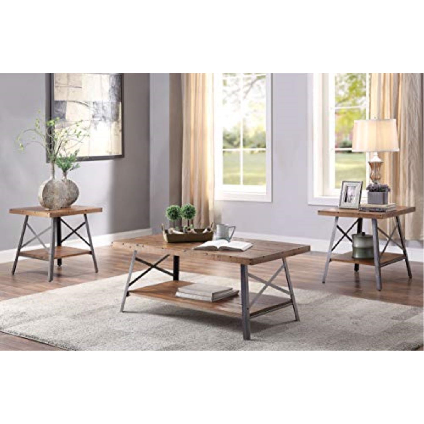 CasaFoyer Ikram Coffee Table - Industrial & Transitional Style, Open Storage Compartment, Weathered Wooden Top, Metal Base - 48" W x 24" D x 19" H - Assembly Required