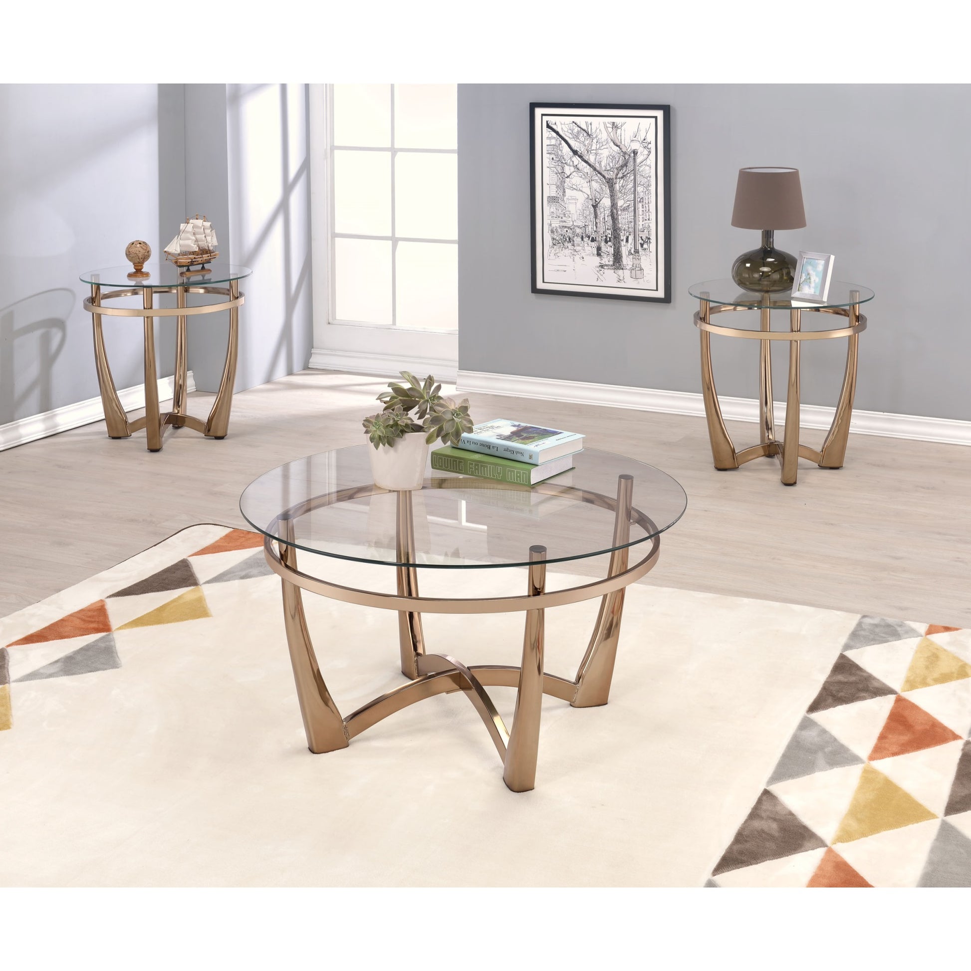 CasaFoyer Orlando II Coffee Table - Champagne & Clear Glass | Stylish & Functional | 35.25" x 35.25" x 20" | Metal & Glass Construction | Acme Furniture