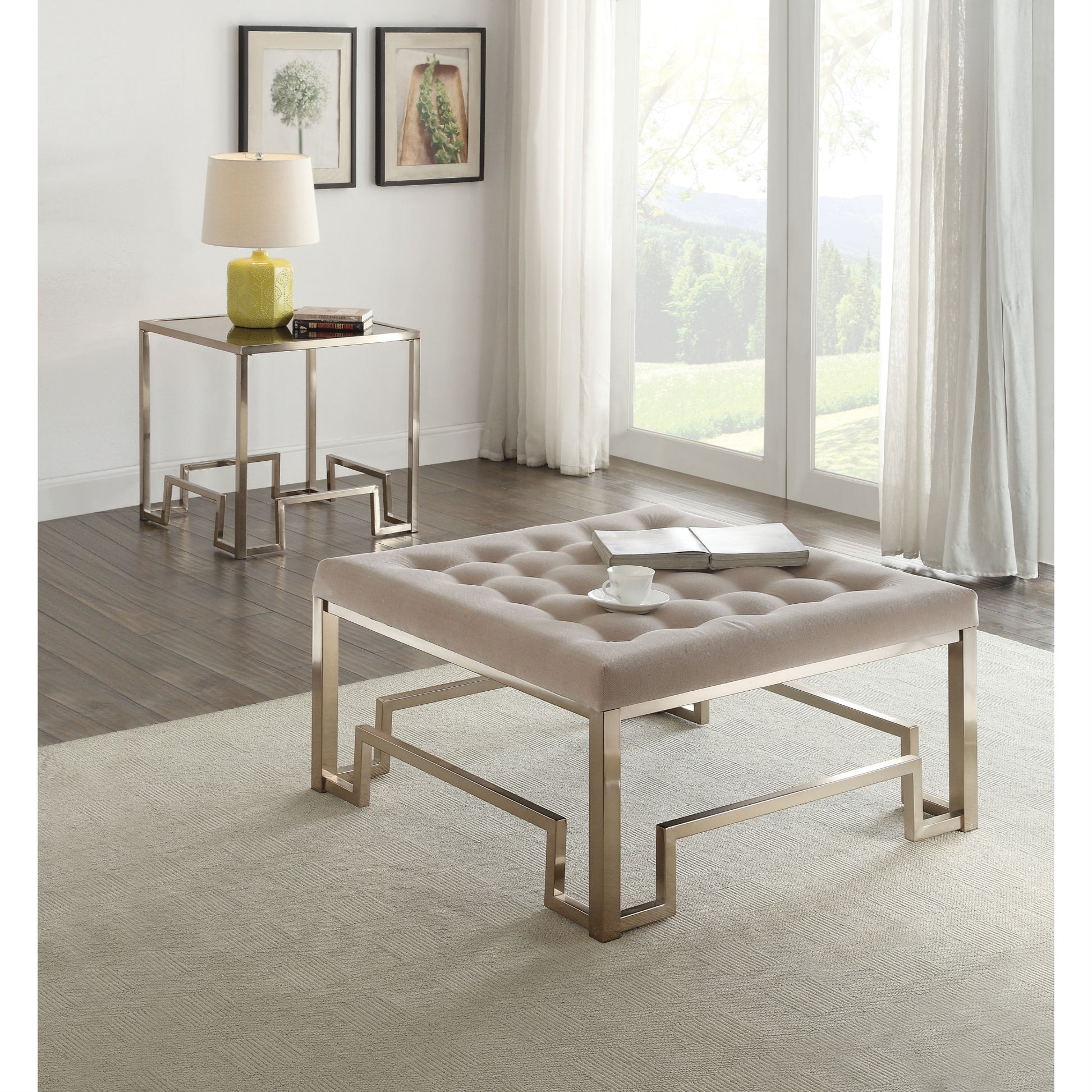 CasaFoyer Damien - Cocktail Ottoman Fabric & Champagne, 36x36x18 inches, Metal & Upholstery Engineered Wood, Geometric Metal Base, Padded Seat Cushion