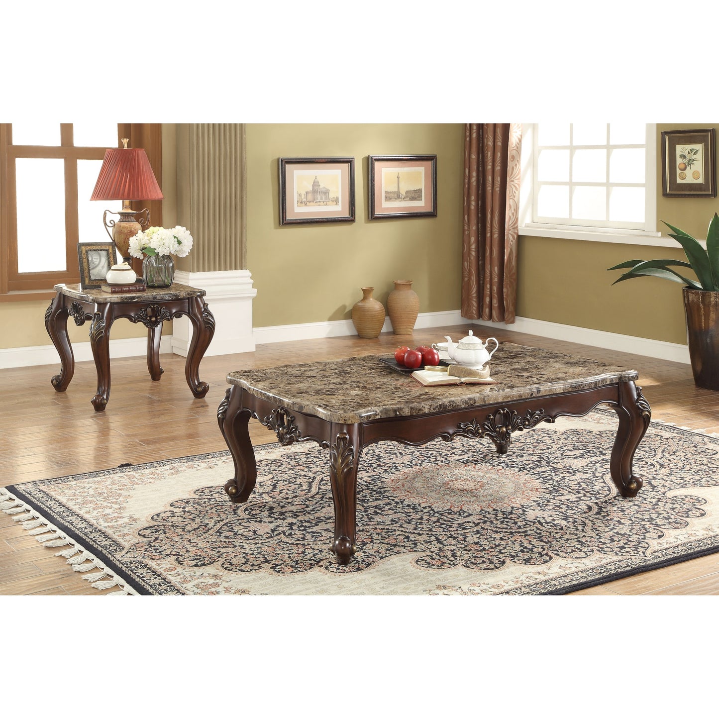 CasaFoyer 81685 Devayne Coffee Table - Marble Top, Scalloped Design, Dark Walnut Finish, Floral Motifs, Queen Anne Legs, Gold-Brush Accent - 57.5" x 33.5" x 20.5"