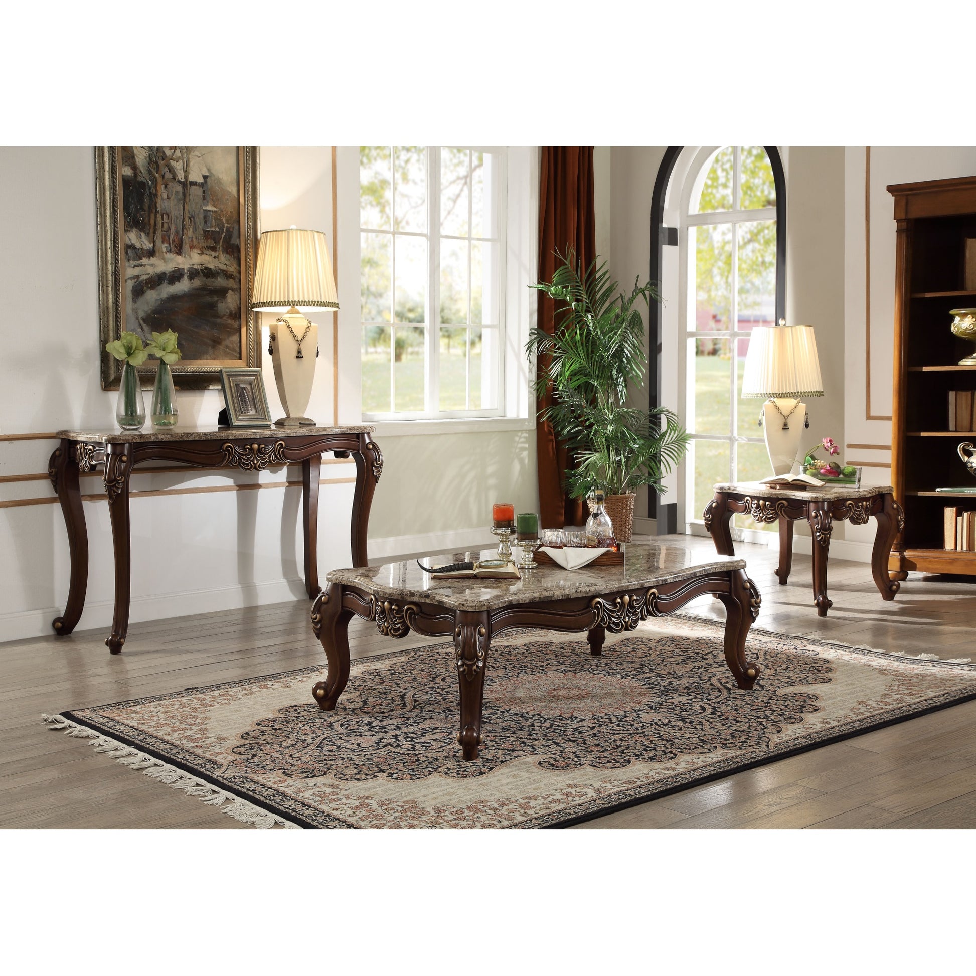 CasaFoyer Acme Furniture 81695 Mehadi Coffee Table - Walnut Finish, Scalloped Marble Top, Carved Floral Motifs, Queen Anne Legs, Open Base Design