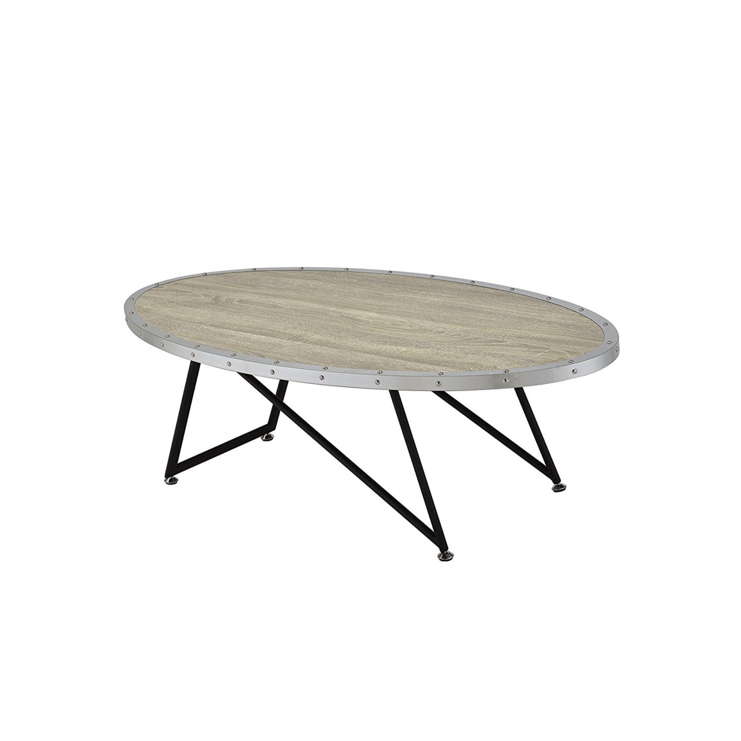 CasaFoyer Allis Oval Coffee Table - Industrial Design with Weathered Top & Metal Edge. Nailhead Adorned. Aesthetic & Practical Asymmetrical Base.