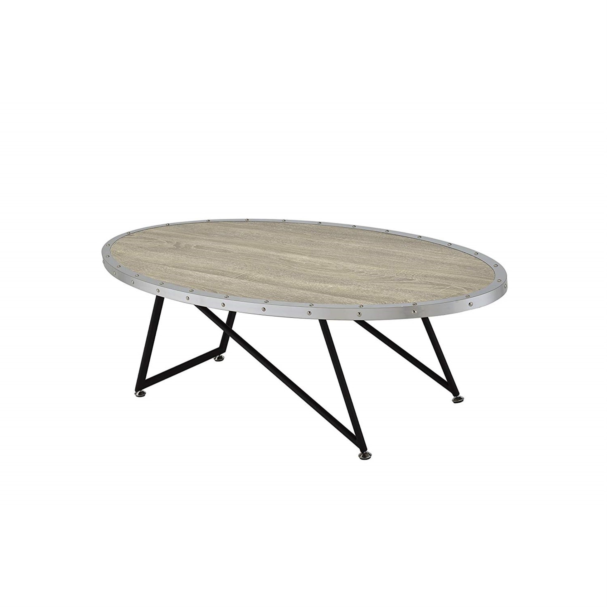 CasaFoyer Allis Oval Coffee Table - Industrial Design with Weathered Top & Metal Edge. Nailhead Adorned. Aesthetic & Practical Asymmetrical Base.