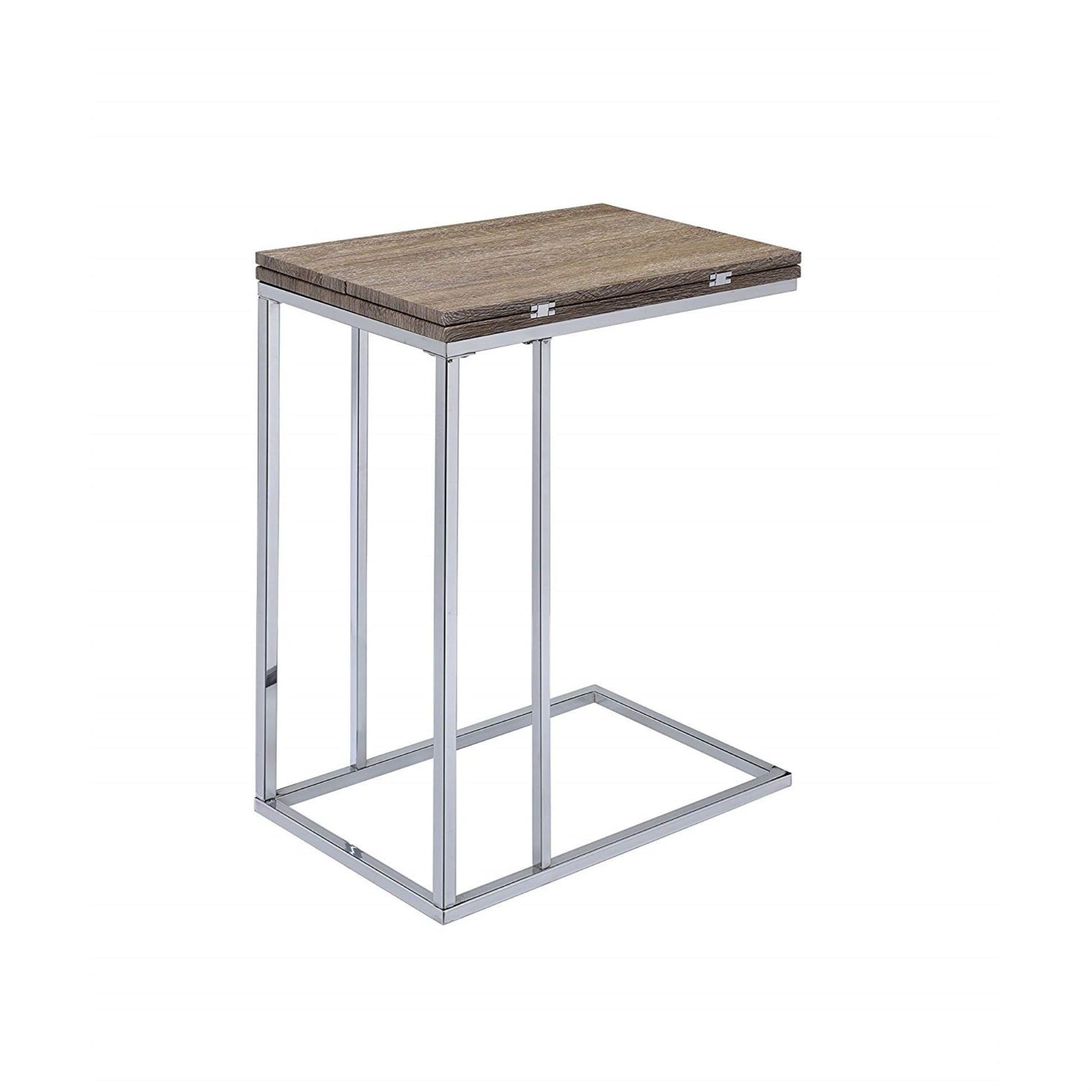 CasaFoyer Denson Side Table - Expandable Top, Weathered Oak & Chrome - Stylish & Versatile Furniture for Living Room - Practical & Elegant Design