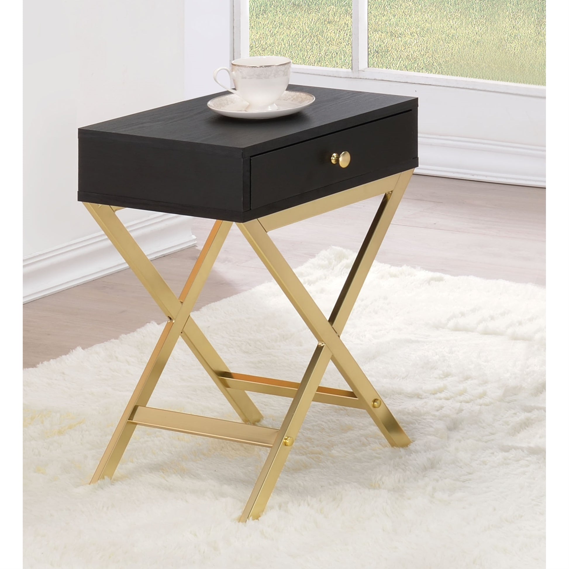 CasaFoyer Koren Side Table Black & Brass - Rectangular Top, 2 Drawers, Metal Trestle Base - 15.75" x 12" x 22" - Acme Furniture