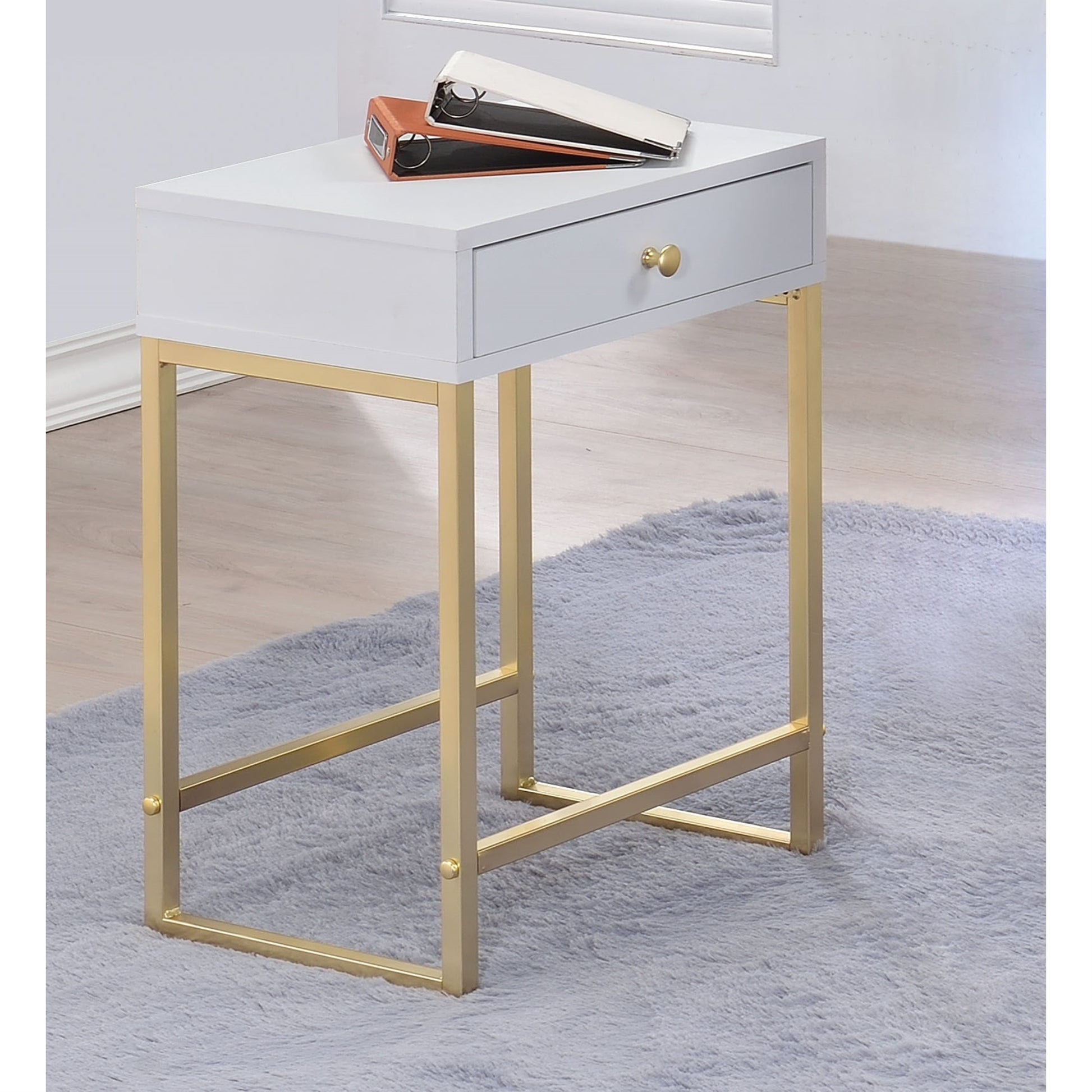 CasaFoyer Koren Side Table White & Brass - Rectangular Shape, Metal Base, 2 Drawers, KD Design, Smooth Drawer Glides, 15.75" x 12" x 22"