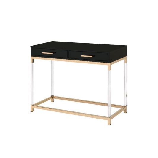 CasaFoyer Adiel Console Table - Modern Design with Gold-Finished Metal Frame, Clear Acrylic Legs, Black Table Top, and 2 Drawers.