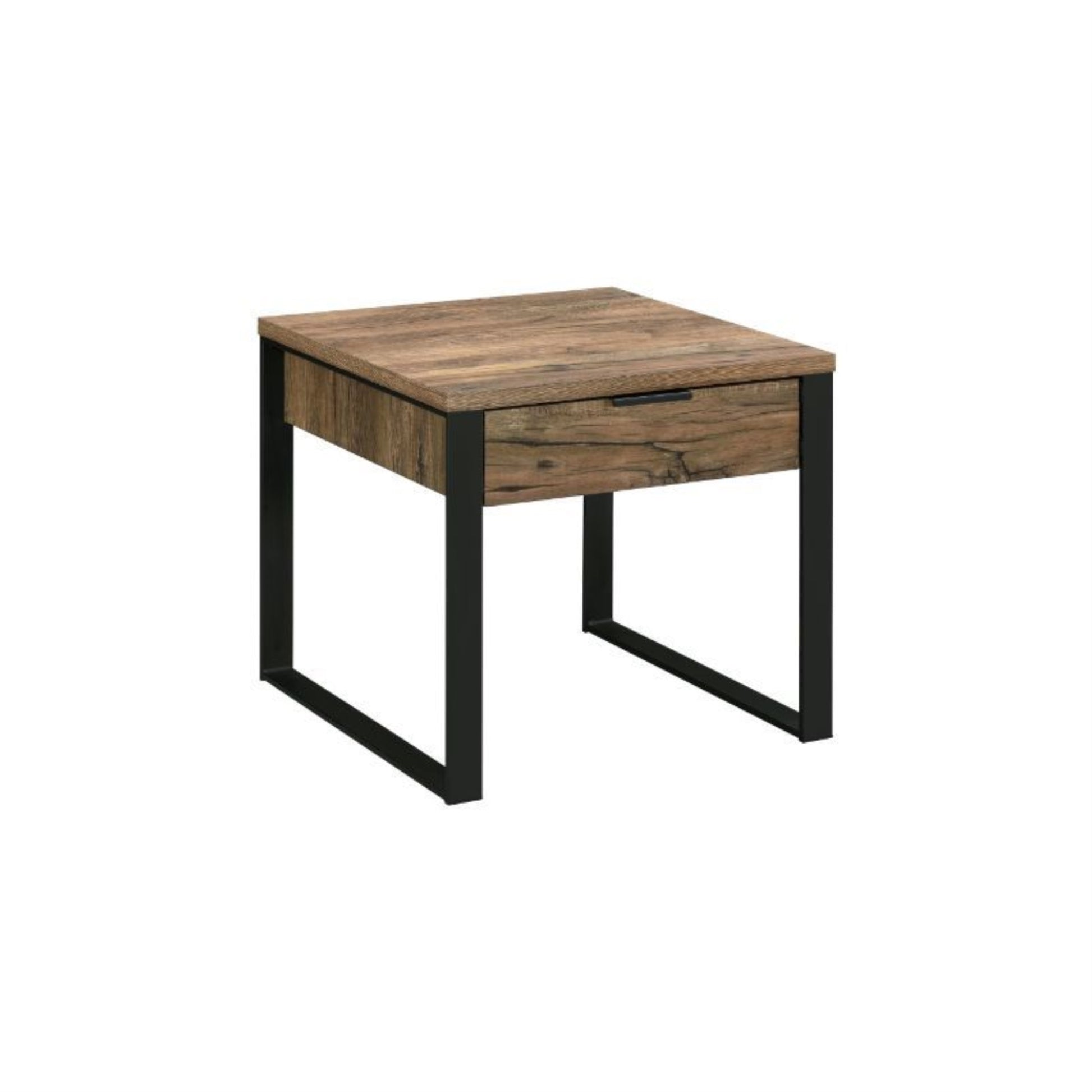 CasaFoyer Rugged Industrial End Table with Weathered Oak Top and Black Metal Base - Stylish Storage Drawer and Compartment - Bold Statement Piece for Your Living Space