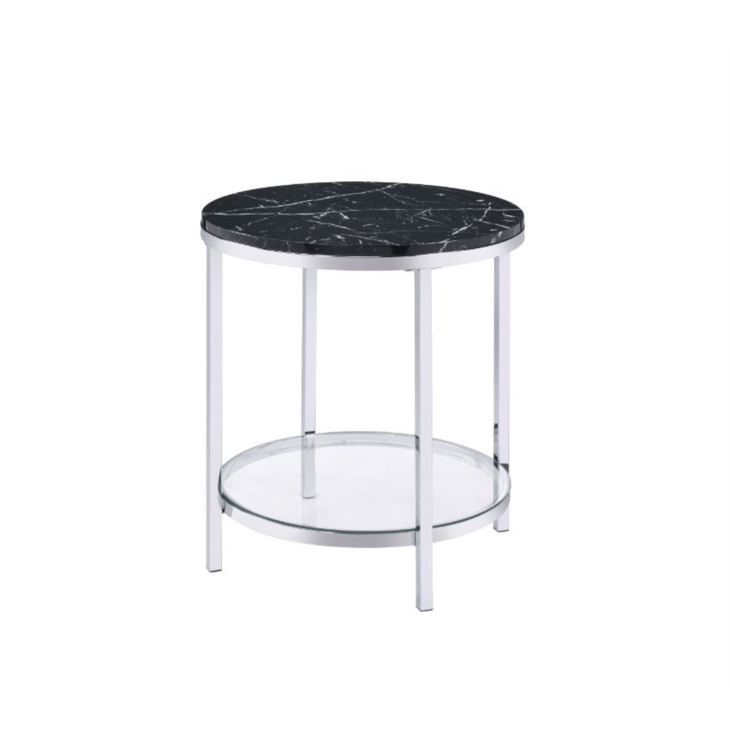 CasaFoyer Virlana End Table - Faux Black Marble Top, Chrome Finish, Tempered Glass Shelf - Contemporary Charm and Practicality - Illuminate Your Seating Space