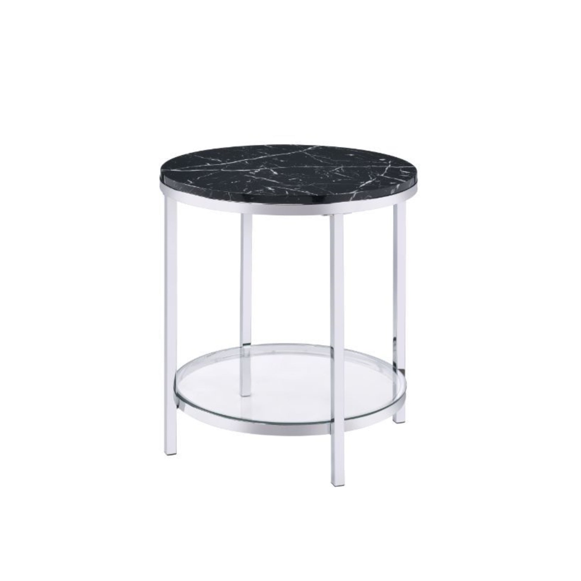 CasaFoyer Virlana End Table - Faux Black Marble Top, Chrome Finish, Tempered Glass Shelf - Contemporary Charm and Practicality - Illuminate Your Seating Space