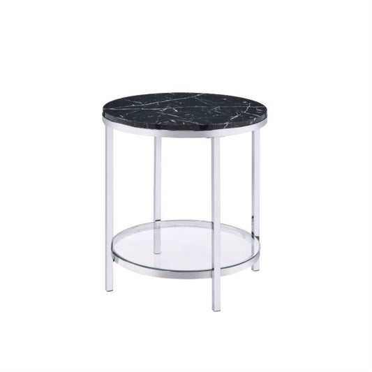 CasaFoyer Virlana End Table - Faux Black Marble Top, Chrome Finish, Tempered Glass Shelf - Contemporary Charm and Practicality - Illuminate Your Seating Space