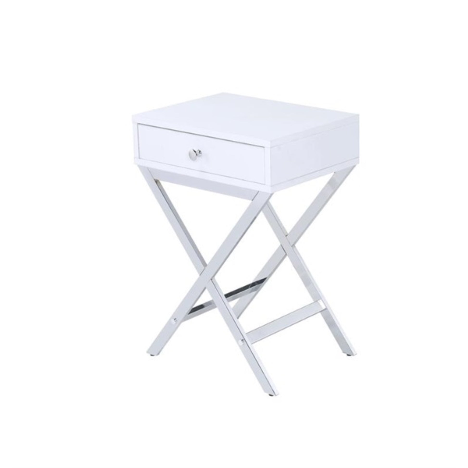CasaFoyer ACME Coleen Side Table - Stylish White & Chrome Design with Drawer & Wooden Top - Modern Elegance for Your Living Space