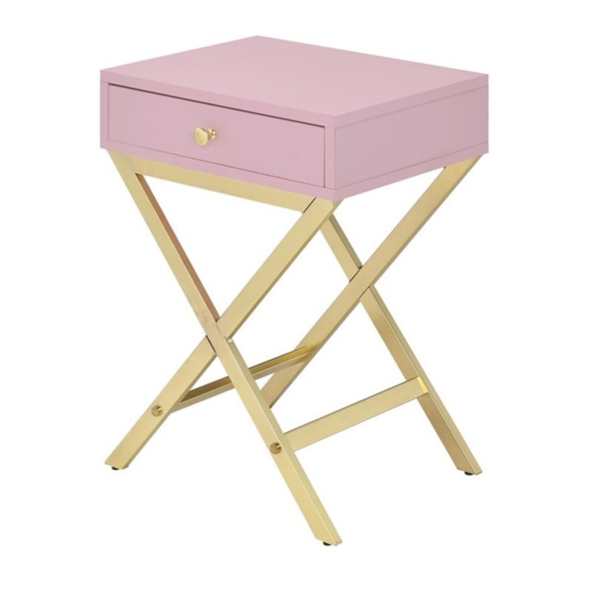 CasaFoyer ACME Coleen Side Table - Pink & Gold | Single Drawer | Wooden Top | Metal "X" Shape Base | Occasional Table | Taiwan | Product Code: 82698