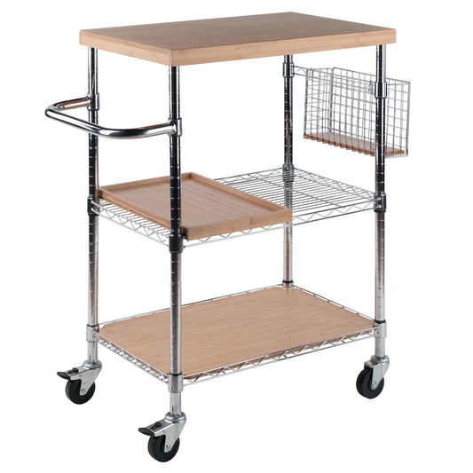 CasaFoyer Madera Kitchen Cart: Adjustable Heights, Bamboo Cutting Board, Storage Caddy, Sturdy Metal Shelves, Removable Serving Tray, Sleek & Modern Design