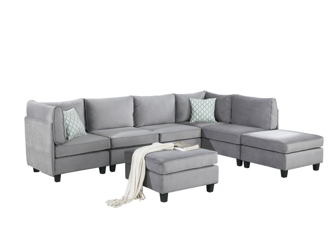 CasaFoyer Zelmira Collection Gray Velvet 7-Piece Modular Sectional Chaise with Ottoman - Comfort, Style, and Quality for Your Living Room
