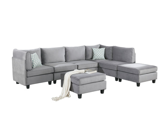 CasaFoyer Zelmira Collection Gray Velvet 7-Piece Modular Sectional Chaise with Ottoman - Comfort, Style, and Quality for Your Living Room