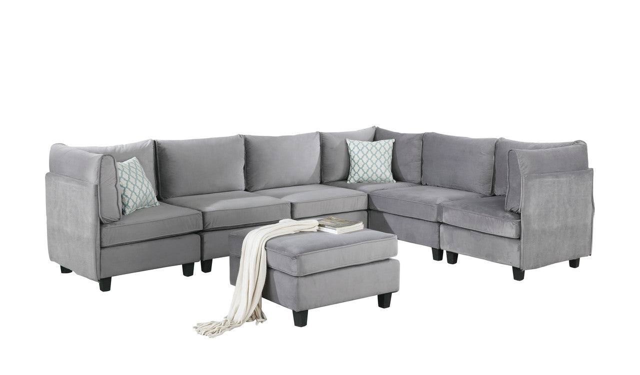 CasaFoyer Simona Collection 7-Piece Modular Sectional with Ottoman - Plush Gray Velvet, Elegant Design, Spacious Size, Comfortable and Stylish