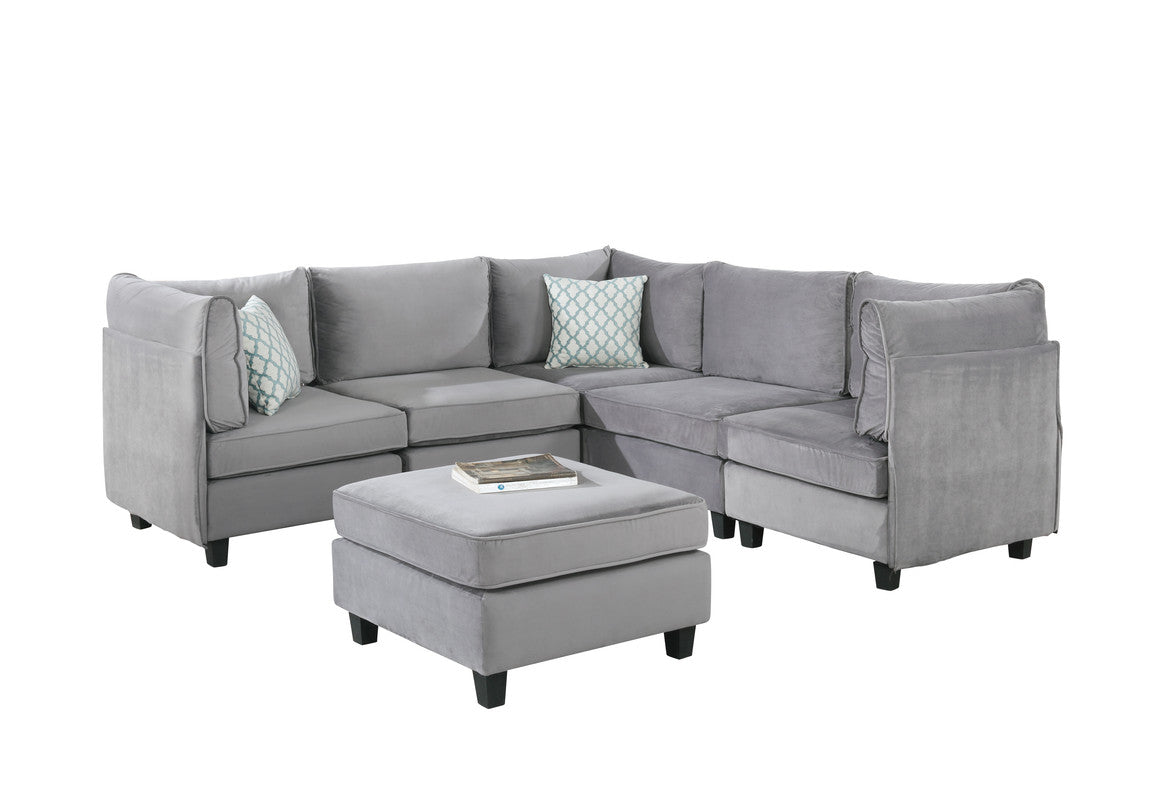 CasaFoyer Zelmira Collection 6-Piece Modular Sectional with Ottoman - Plush Gray Velvet, Elegant Design, Spacious Size, Comfortable and Stylish
