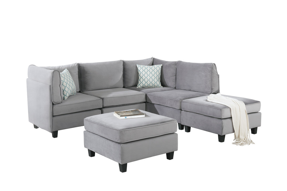 CasaFoyer Simona Collection 6-Piece Modular Sectional Chaise with Ottoman - Plush Gray Velvet, Elegant Design, Comfortable and Spacious for Entertaining