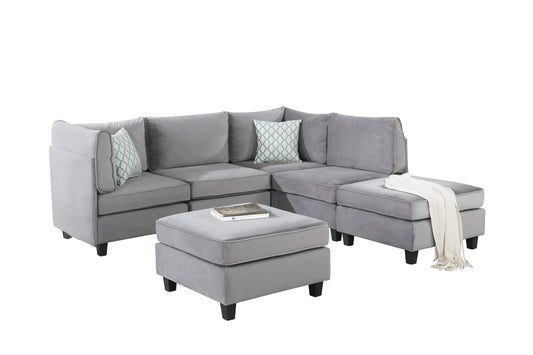 CasaFoyer Simona Collection 6-Piece Modular Sectional Chaise with Ottoman - Plush Gray Velvet, Elegant Design, Comfortable and Spacious for Entertaining