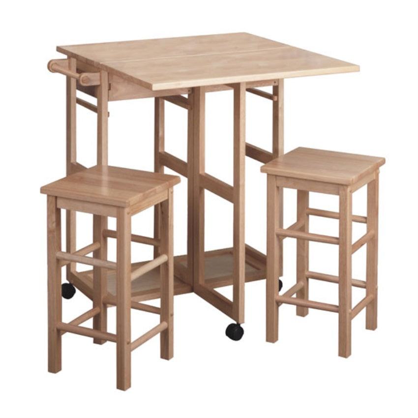 CasaFoyer Suzanne 3-Pc Space Save Set: Expandable Drop Leaf, Stool Storage, Wheels, Natural Finish. Table: 29.6"W x 29.1"D x 32.75"H. Stools: 11.4"W x 11.4"D x 20.8"H. Weight Capacity: 200 lbs.