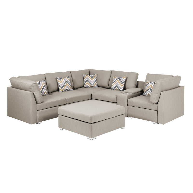 CasaFoyer Amira Collection Beige Linen Modular Sofa Sectional with USB Console, Cupholders, Ottoman, and Accent Pillows - Comfort, Style, and Quality