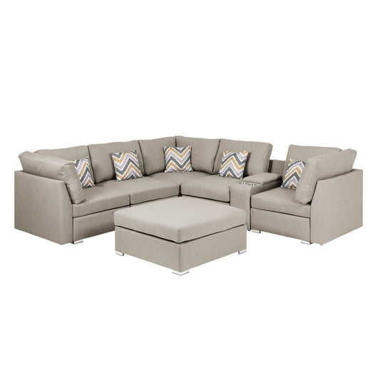 CasaFoyer Amira Collection Beige Linen Modular Sofa Sectional with USB Console, Cupholders, Ottoman, and Accent Pillows - Comfort, Style, and Quality