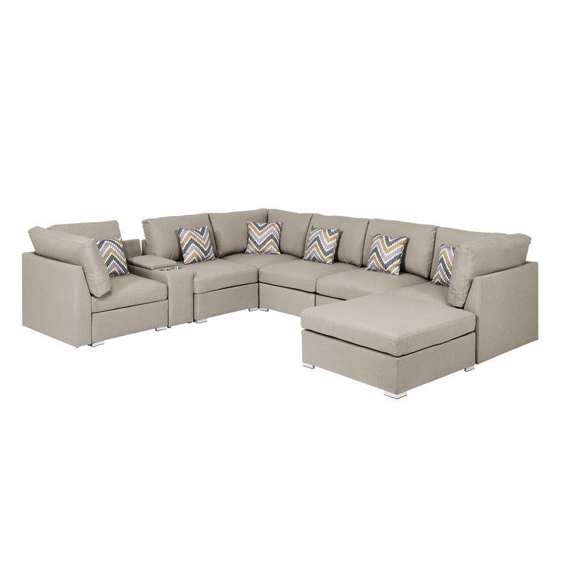 CasaFoyer Amira Collection Beige Modular Sofa Sectional with USB Console, Cupholders, Ottoman, and Accent Pillows - Comfortable, Stylish, and Trendy