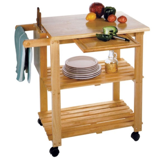 CasaFoyer "Stunning Natural Finish Mario Utility Cart - Ample Storage, Pull-Out Cutting Board, Towel & Knife Holders, Casters - 33.1"W x 20.4"D x 31.9"H"