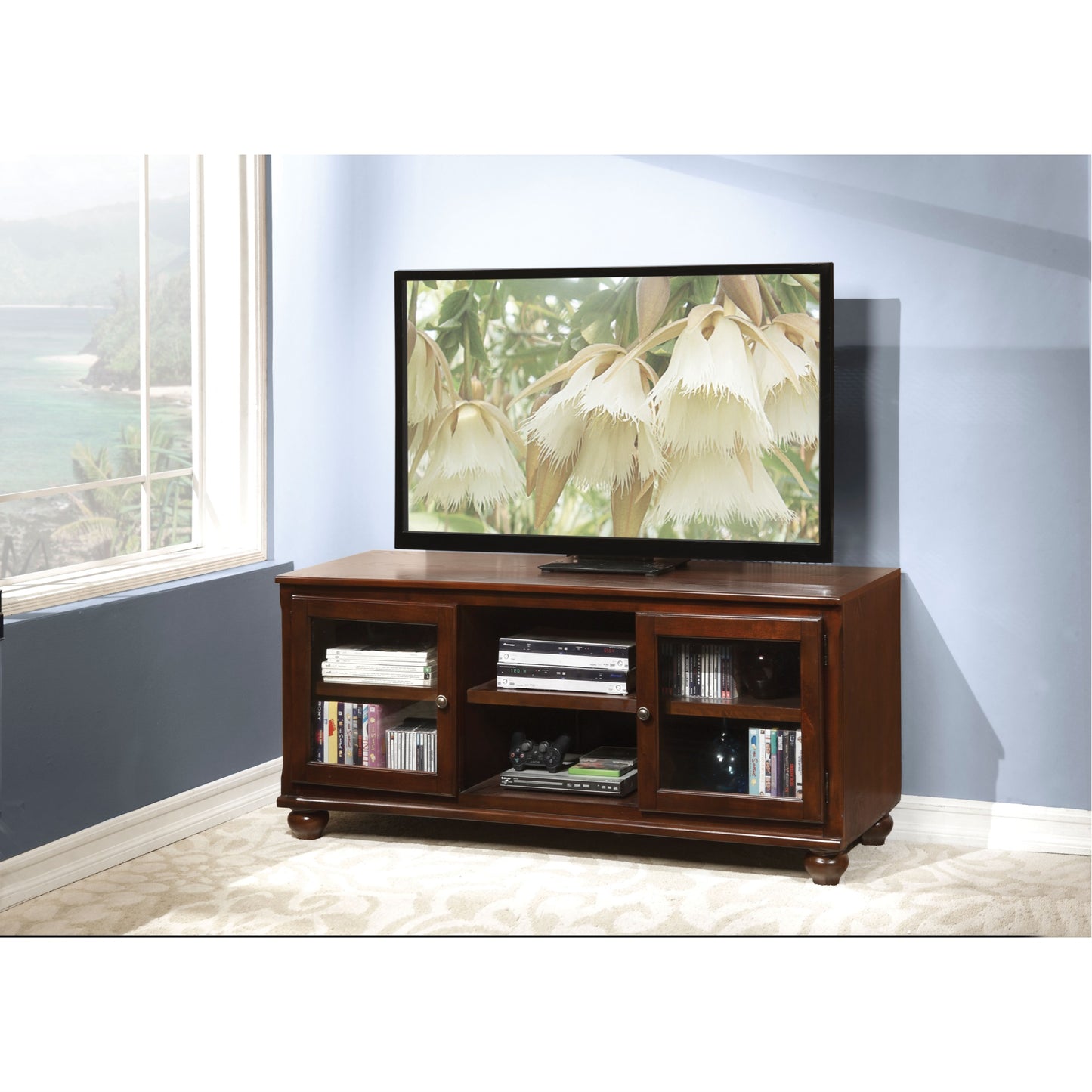 CasaFoyer Acme Furniture Dita TV Stand Walnut - 58" Rectangular Stand with Glass Doors & Media Compartments - Sturdy & Durable - Fits TVs up to 59"