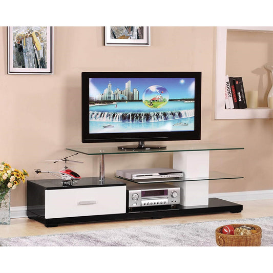 CasaFoyer Ivana TV Stand - Sleek Black and White Finish, Clear Tempered Glass Shelves, Open Storage Shelving - Modern and Elegant Entertainment Center