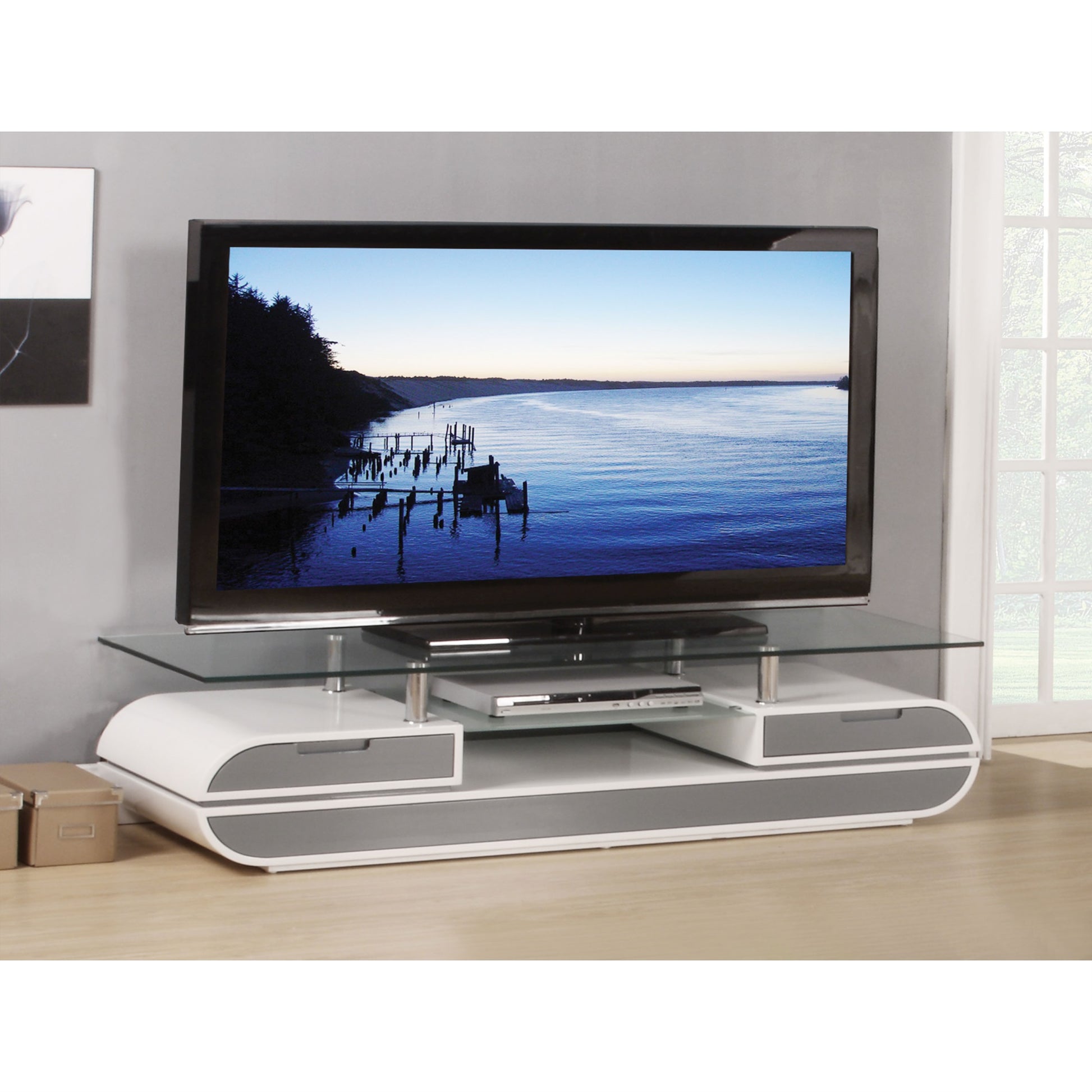 CasaFoyer 91142 Lainey - Rectangular TV Stand White & Gray | 2 Drawers, Open Storage | 60" TV Size | Tempered Glass Top & Shelf | Wood & Metal Veneer | Acme Furniture