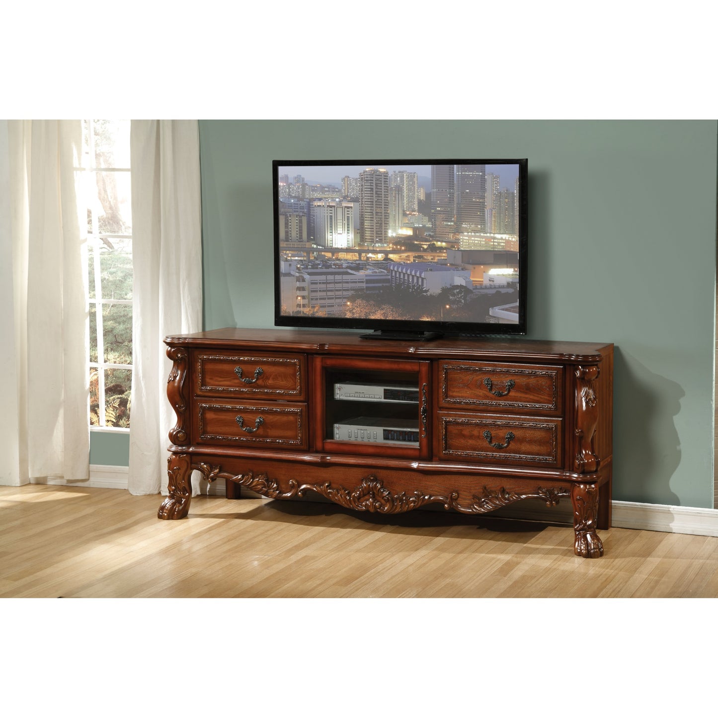 CasaFoyer Acme Furniture Dresden TV Stand Cherry Oak - Rectangular, 4 Drawers, Glass Doors, Fits up to 70" Flat Panel TVs, Antique Finish