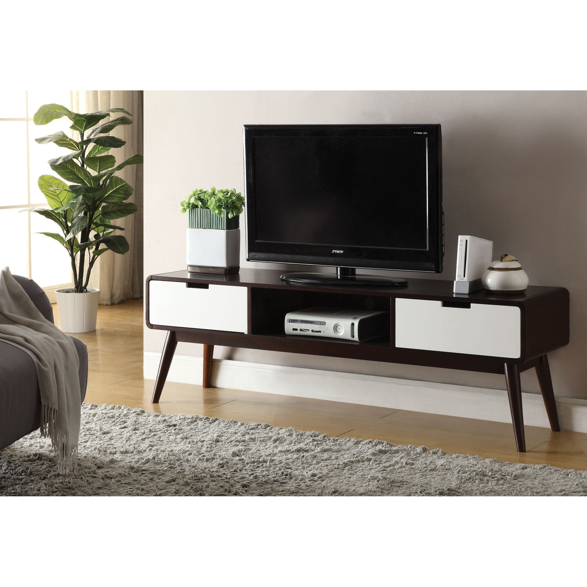 CasaFoyer Christa TV Stand - Espresso & White Finish, Rectangular Shape, 2 Drawers, Wood Veneer, Tapered Legs, 59" Length, 15.75" Width, 19" Height