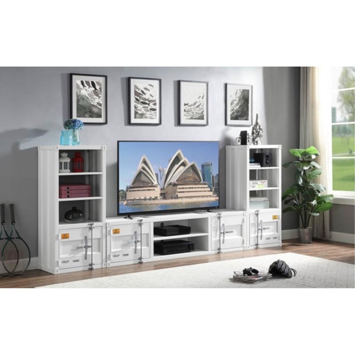 CasaFoyer Cargo Entertainment Set: Contemporary Industrial TV Stand with Side Piers - Ample Storage, Metal Accents - Effortless Style & Functionality