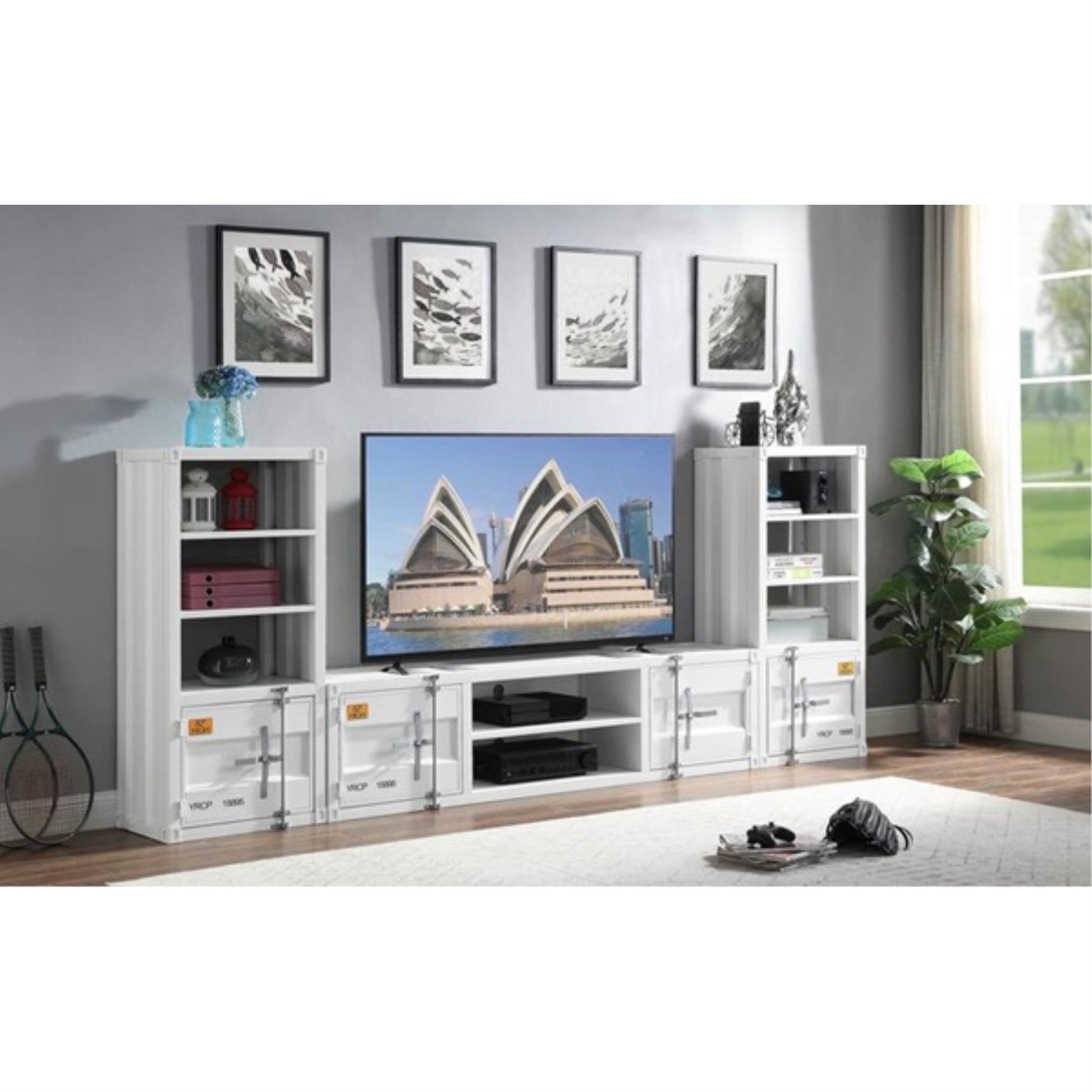 CasaFoyer Cargo Entertainment Set: Contemporary Industrial TV Stand with Side Piers - Ample Storage, Metal Accents - Effortless Style & Functionality