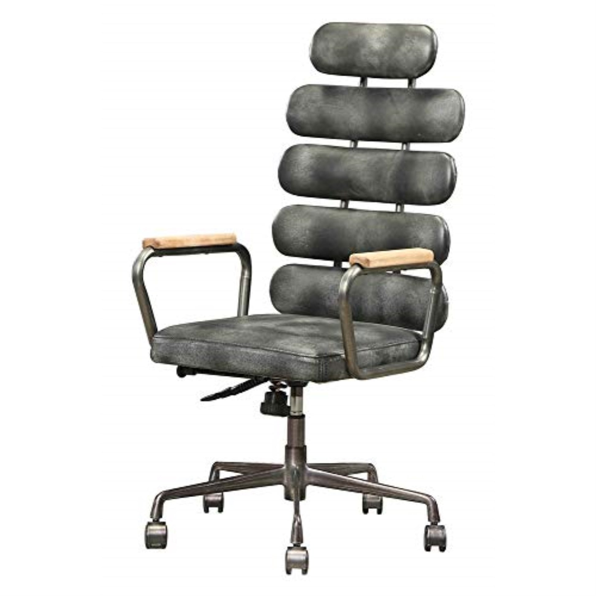 CasaFoyer Calan Executive Chair - Elegant Vintage Black Leather Office Chair with Metal Frame, Wood Armrests, Swivel Feature, and Padded Cushions