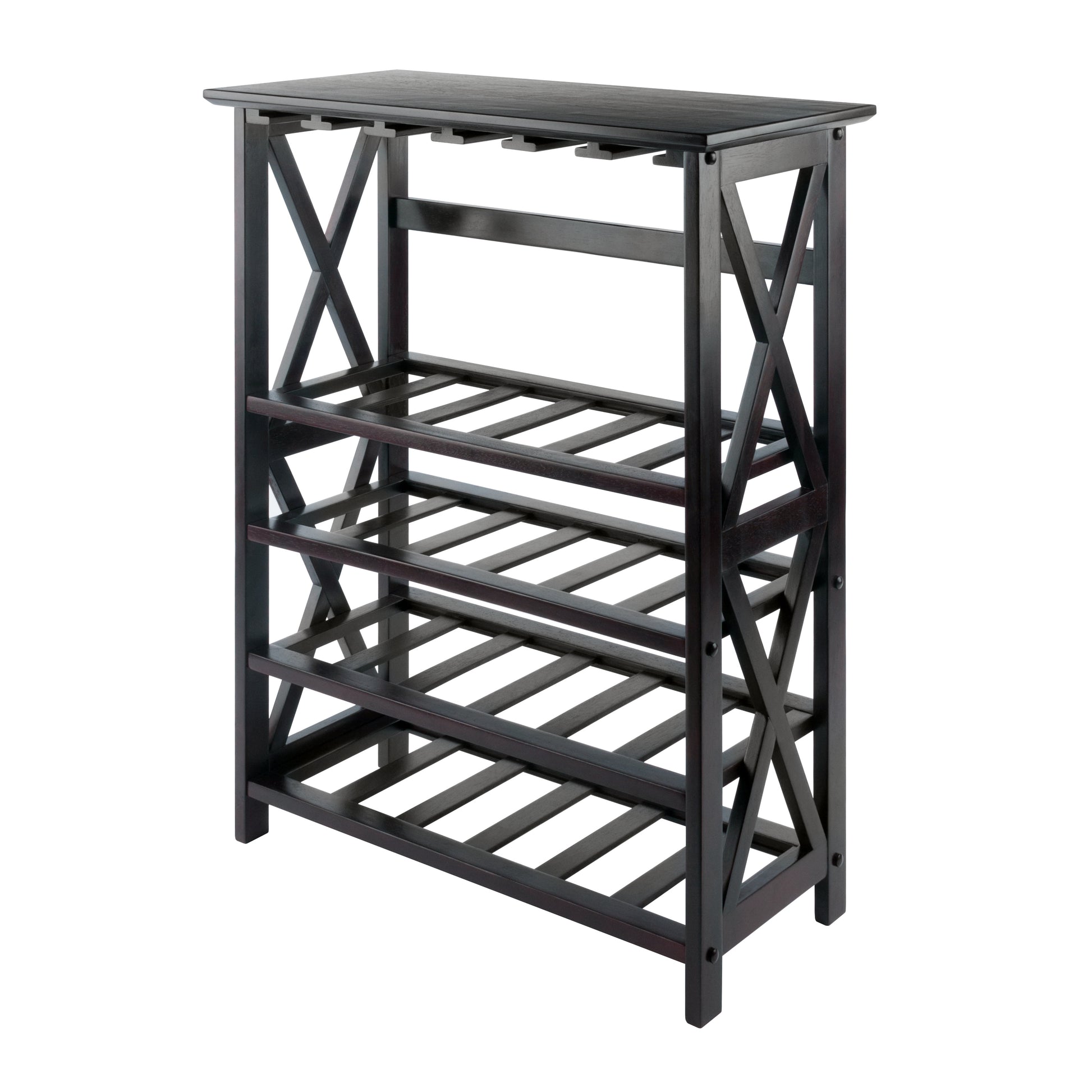 CasaFoyer Rio Wine Rack and Bar - 24-Bottle Capacity, Espresso Finish, X Legs, Solid and Composite Wood, Assembly Required