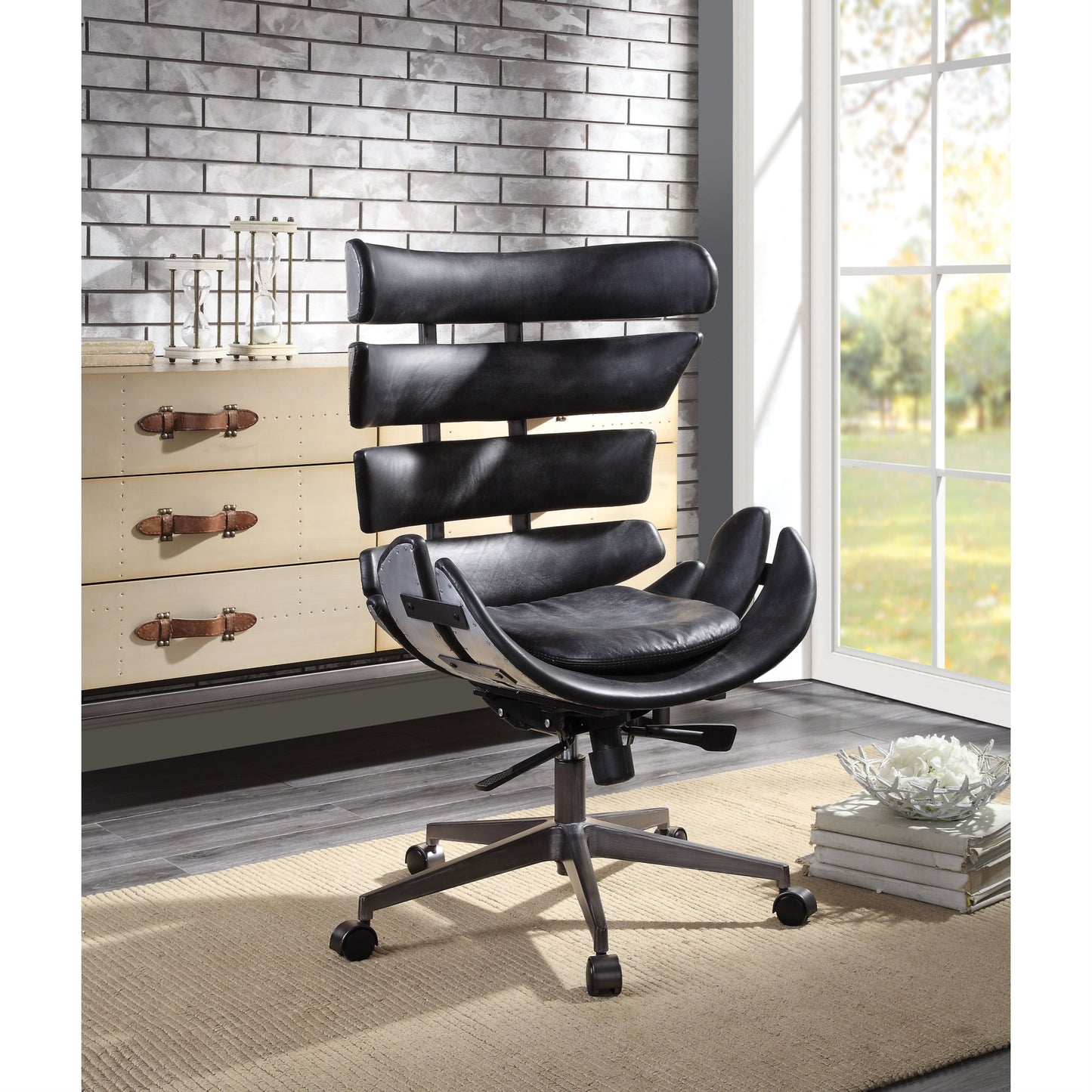 CasaFoyer 92552 Megan Executive Office Chair - Vintage Black Top Grain Leather & Aluminum, Swivel Seat, Adjustable Height, Armless Design