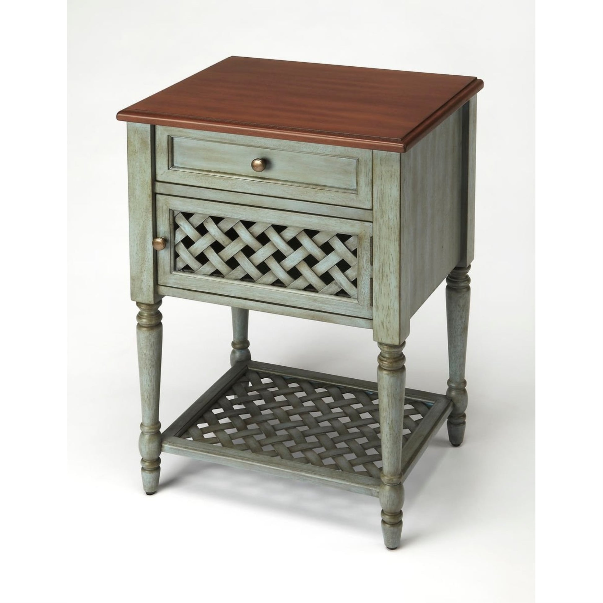 CasaFoyer Elegant Mahogany Wood End Table with Two-Tone Finish, Storage Shelf, and Woven Lattice Door - Versatile for Living Room or Bedroom